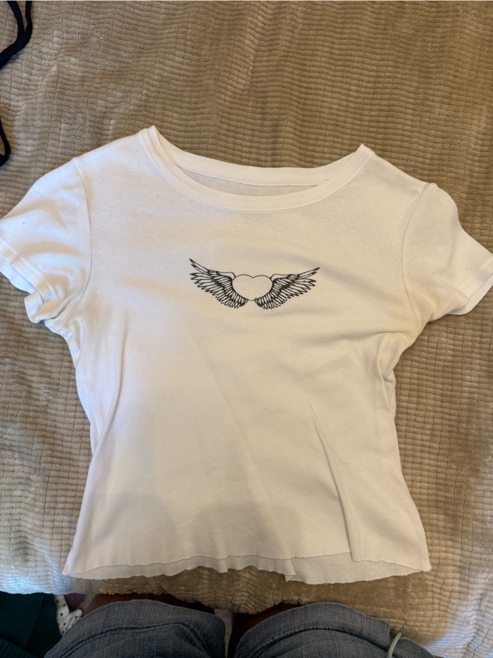 Brandy Melville White Tee with Black Wing Heart Graphic